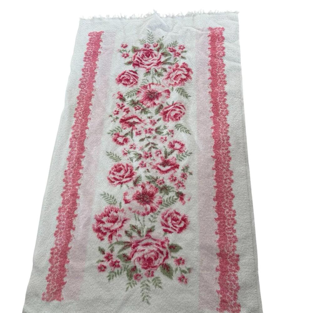 Vintage Canon Bath Towel White With Roses 24” X 42” Heavy Wear Cotton